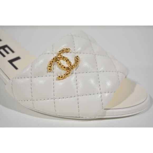 Chanel REV White Lambskin Quilted CC Gold Logo Cone Heel Mule Slide Sandal 38 - Picture 4 of 12